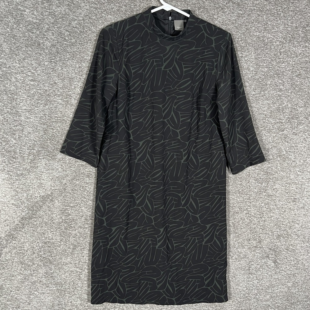 ICHI Enova 5DR Dress Womens Small Black Floral Mock Neck 3/4 Sleeve Midi Shift